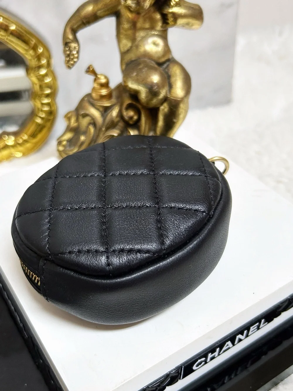 Authentic Chanel 19 CC Round Diamond Quilted Coin Pouch / Bag Charm